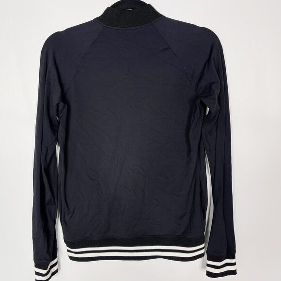 Theory Womens Small S Black Knit Bomber Jacket Full Zip Ribbed Stripe Detail - Picture 2 of 7